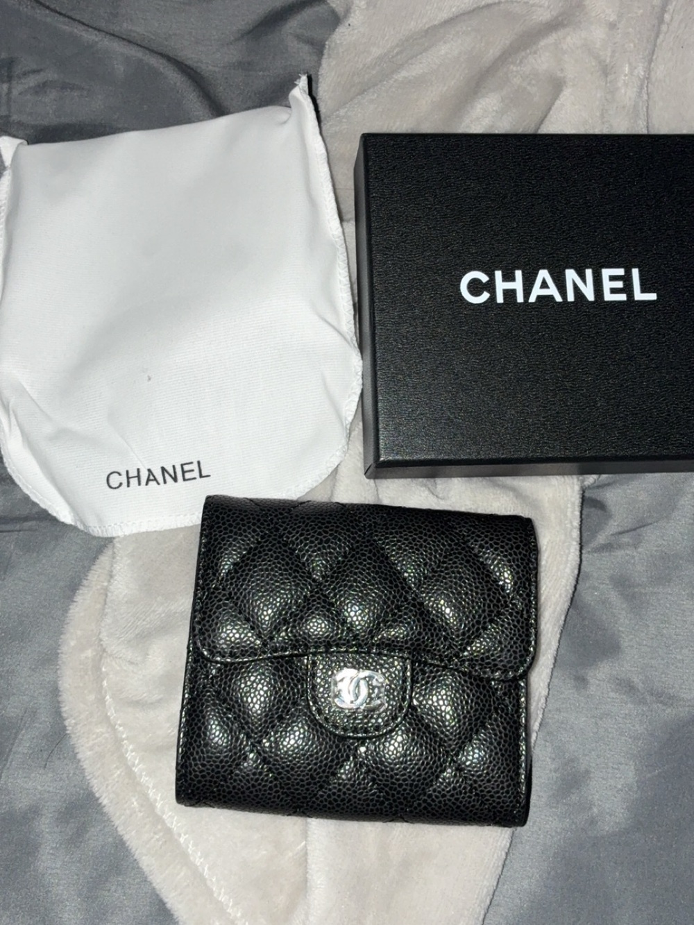 CHANEL Black Quilted Caviar Leather Compact Wallet with CC Snap